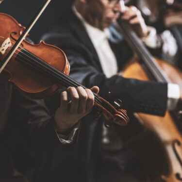 Professional symphonic string orchestra performing on stage and playing a classical music concert, violinist in the foreground